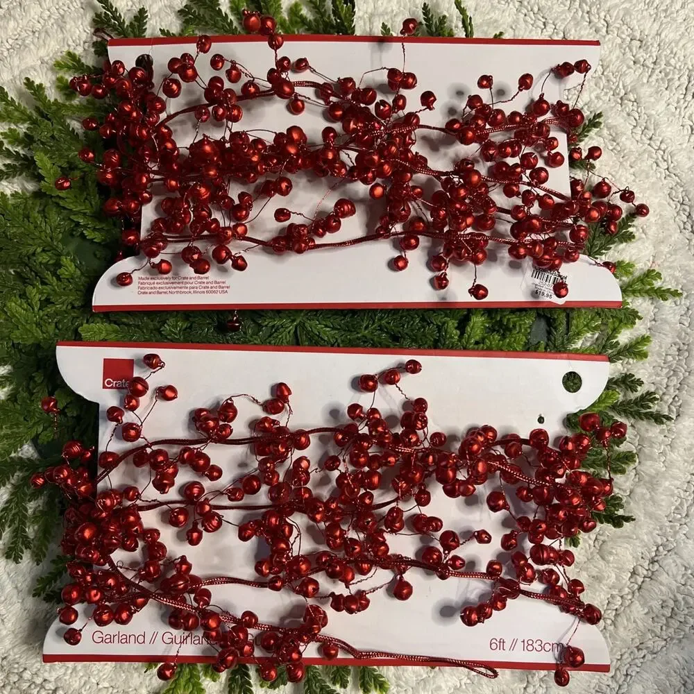 Crate & Barrel Red Jingle Bell Garland 2 Sets 6ft Each (12’ Total) Holiday Decor
